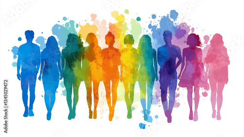 Abstract Art of Diverse Group of People in Watercolor Silhouette. Concept of Diversity, Unity, Inclusion, community, urban life, social interaction, Multicultural Society, Teamwork, Togetherness