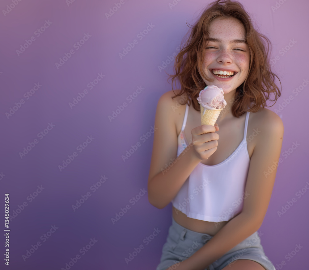Happy ginger girl child smiling and eating ice cream, copy space on violet background Happy ginger girl child smiling and eating ice cream, copy space on violet background