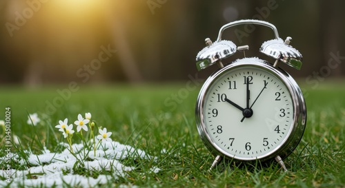 Vintage alarm clock on snow-dusted grass with spring flowers at sunrise
