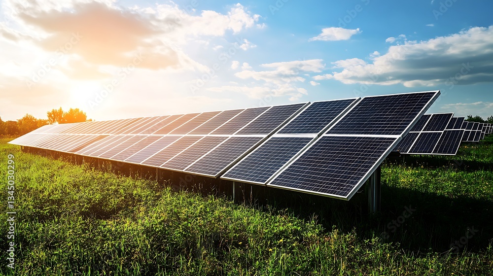 Sustainable Energy: Solar Panels in a Lush Green Field Sustainable Energy: Solar Panels in a Lush Green Field