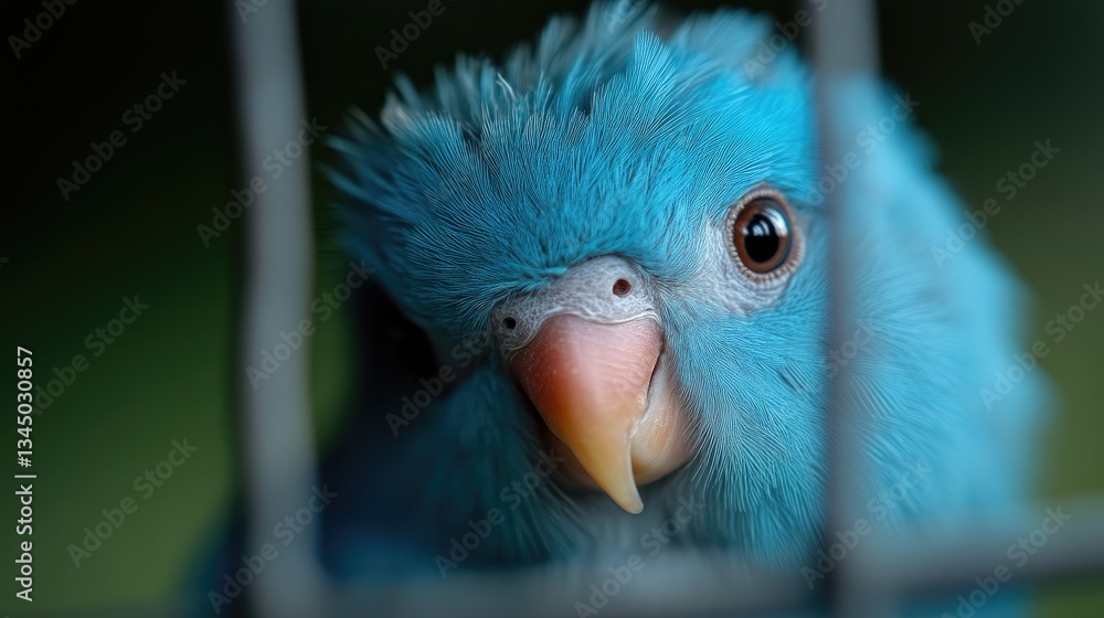 Close-up of a vibrant blue parrot inside a cage. A small, colorful bird with intense eyes gazes directly at the viewer. Its plumage is a deep, rich blue, with soft, fluffy feathers.