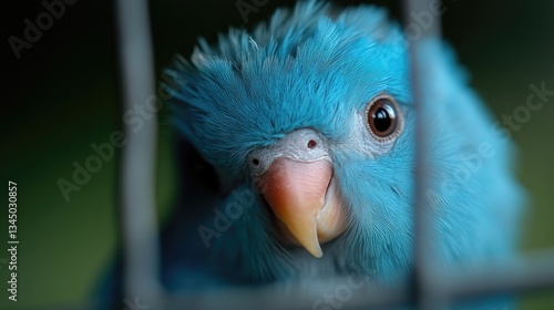 Obraz na płótnie Close-up of a vibrant blue parrot inside a cage. A small, colorful bird with intense eyes gazes directly at the viewer. Its plumage is a deep, rich blue, with soft, fluffy feathers. w salonie