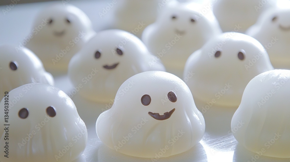 A collection of white candy ghosts rests atop a white-covered table, surrounded by fluffy white marshmallows A collection of white candy ghosts rests atop a white-covered table, surrounded by fluffy white marshmallows
