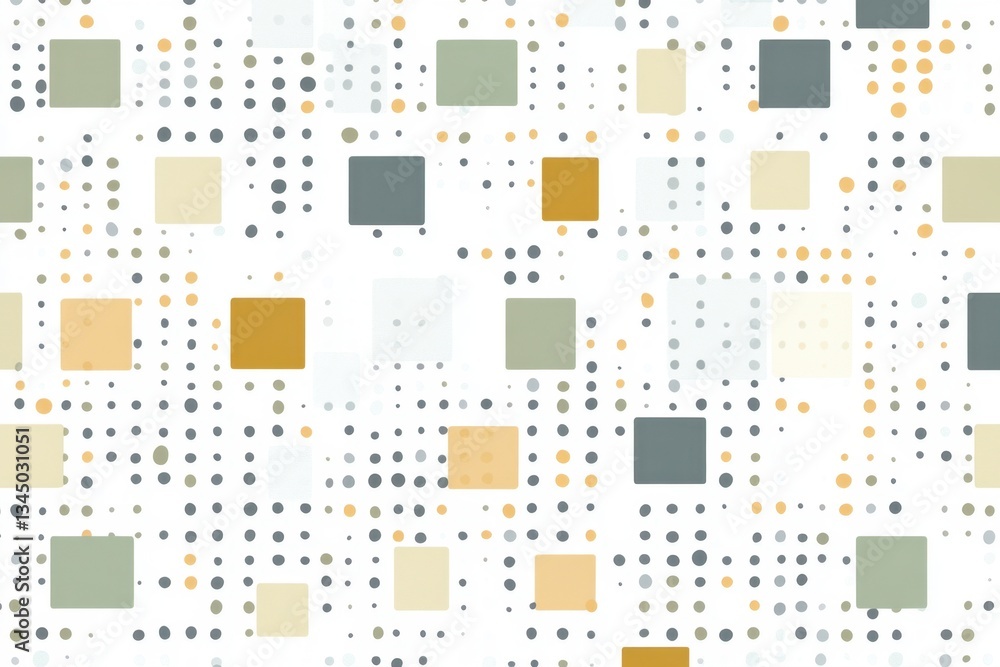 A pattern of squares and dots in shades of gray, beige, mustard yellow, olive green, and pale blue on a white background Generative AI A pattern of squares and dots in shades of gray, beige, mustard yellow, olive green, and pale blue on a white background Generative AI