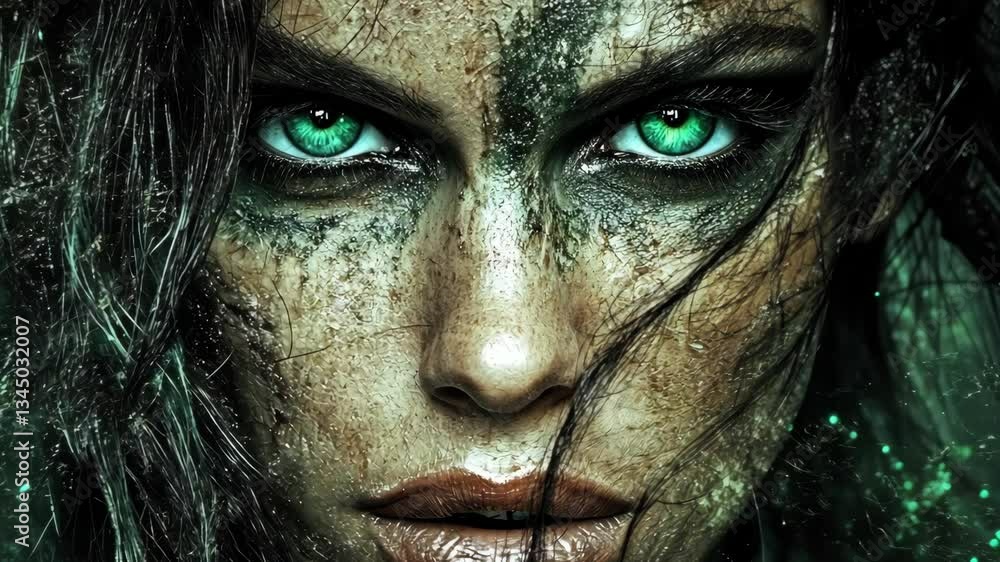Intense close-up of a warrior woman with striking eyes and intricate makeup in a mystical forest setting Intense close-up of a warrior woman with striking eyes and intricate makeup in a mystical forest setting