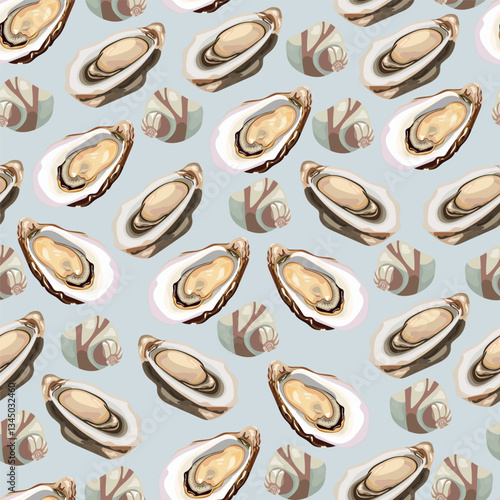 Oyster seamless pattern. Vector clipart, illustration with isolated background.;