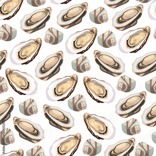 Oyster seamless pattern. Vector clipart, illustration with isolated background.;