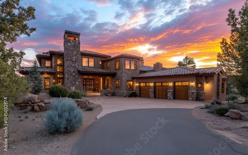 Modern Home at Sunset in Desert Landscape. Possible Stock Photo Use Residential Architecture