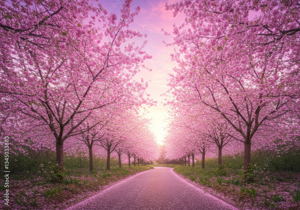 Obraz premium Serene Winding Path Through Blooming Cherry Blossoms Under a Soft Pink and Purple Sky