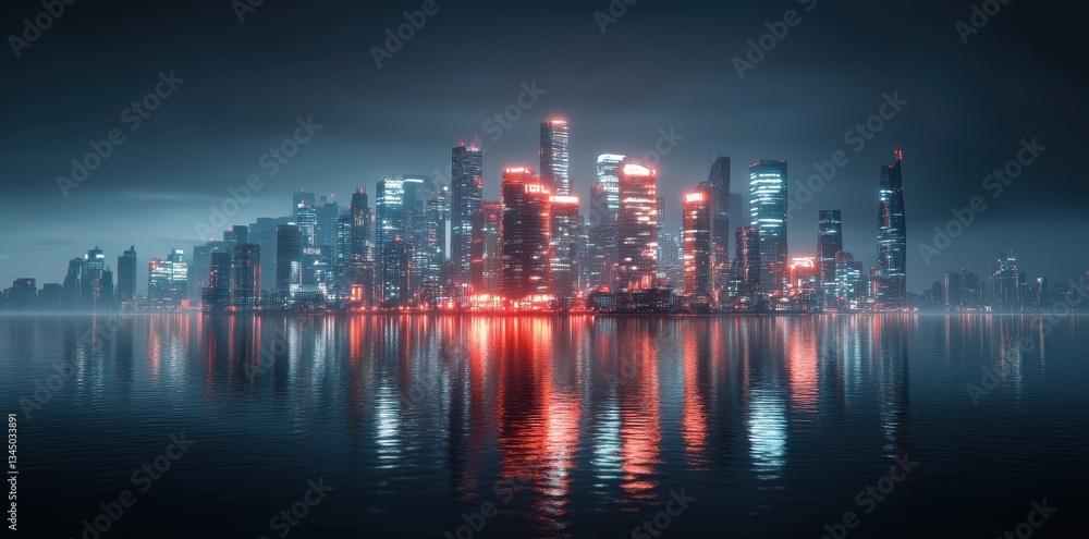 Fototapeta premium Illuminated skyscrapers reflecting in calm water under a dark sky