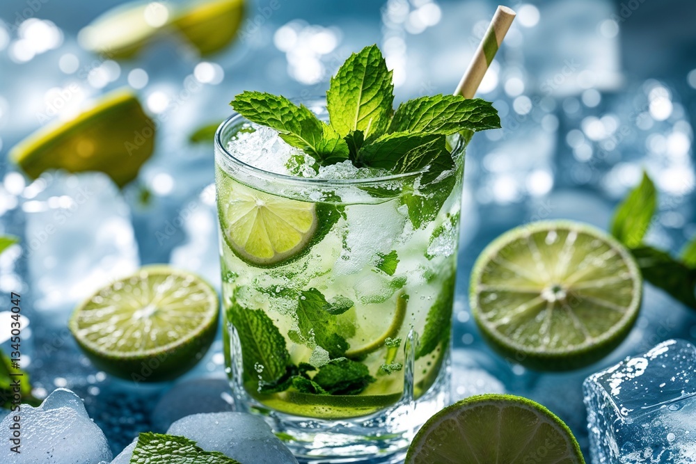 Fototapeta premium A refreshing mojito cocktail, perfectly chilled with vibrant mint and lime, glistening with icy coolness in a sun-drenched setting.