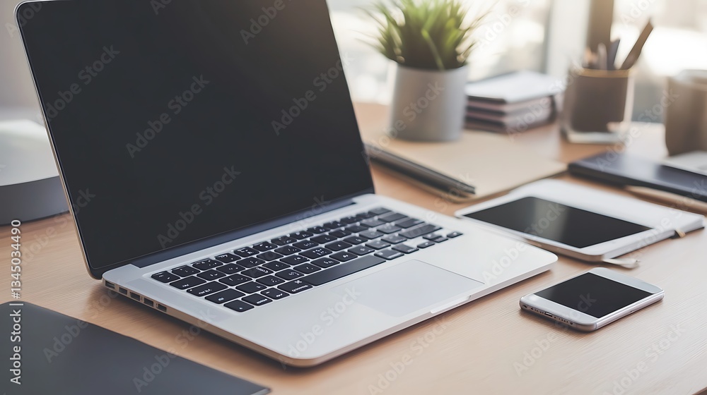 Fototapeta premium Modern Workplace Setup: Laptop, Tablet, and Smartphone on Desk