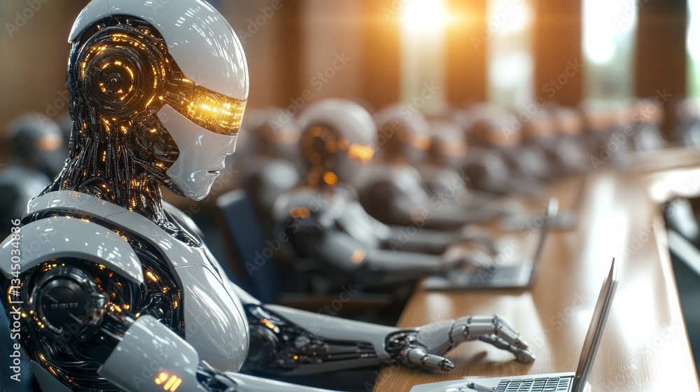 Fototapeta premium Futuristic robots working on computers in a high-tech office environment during daylight hours