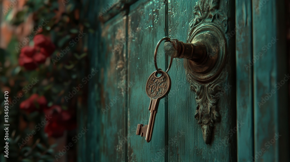 Fototapeta premium Antique key in aged teal door, roses in background. Possible use Decorative, illustrative