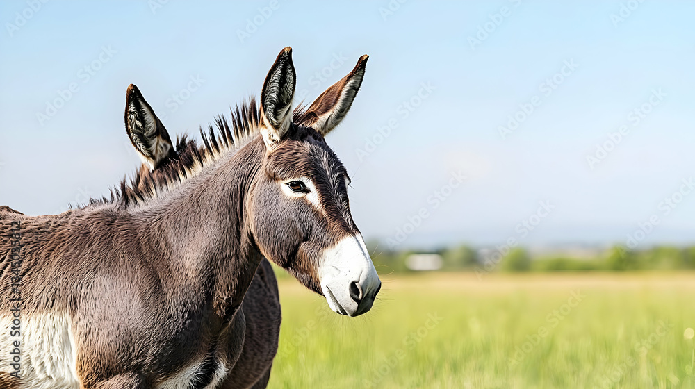 Profile View Of Brown And White Donkey In Grassy Field Profile View Of Brown And White Donkey In Grassy Field