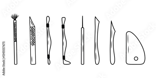 A set of modern pottery tools. A collection of wooden tools for making clay sculptures. Equipment for an art studio. Vector black and white contour illustration