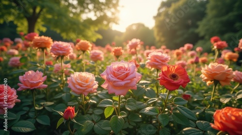 Fototapeta Naklejka Na Ścianę i Meble -  Wide view of a rose garden in full bloom, various colored roses, soft sunlight through leaves, lush green surroundings.