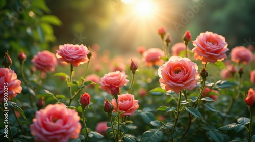 Fototapeta Naklejka Na Ścianę i Meble -  Wide view of a rose garden in full bloom, various colored roses, soft sunlight through leaves, lush green surroundings.