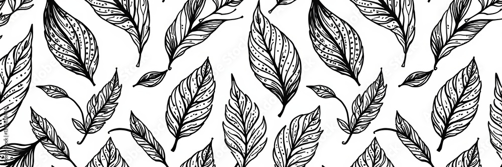 Fototapeta premium Botanical black and white seamless pattern with intricate leaf motifs, simple, elegant