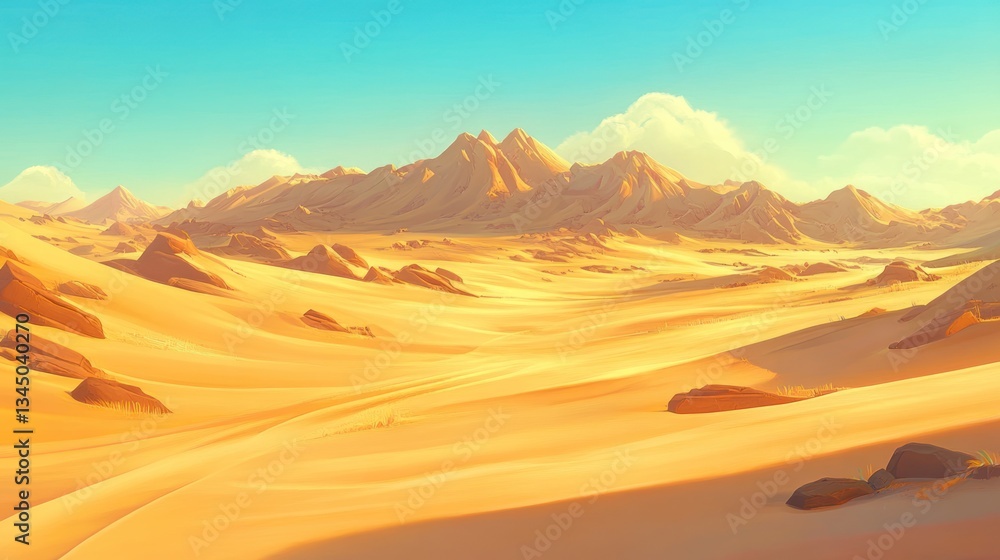 Vast Desert Landscape with Rolling Sand Dunes and Majestic Mountains in the Background Vast Desert Landscape with Rolling Sand Dunes and Majestic Mountains in the Background