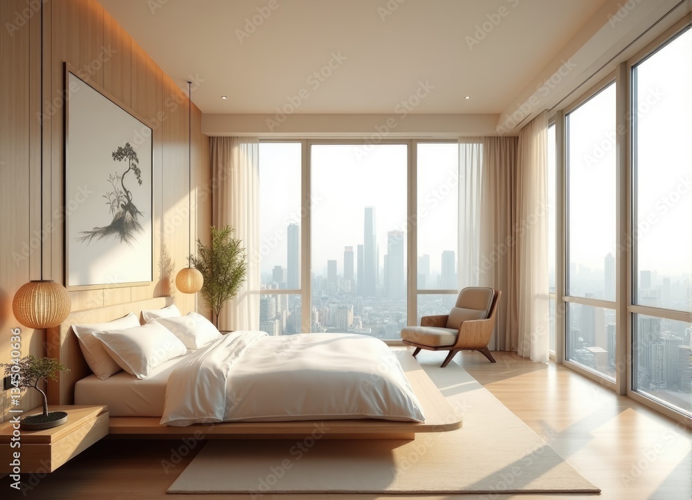 Fototapeta premium bedroom in skyscarper or hotel room with panoramic window in asian style