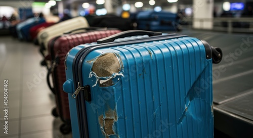 Damaged blue suitcase on airport baggage carousel highlights luggage vulnerabilities