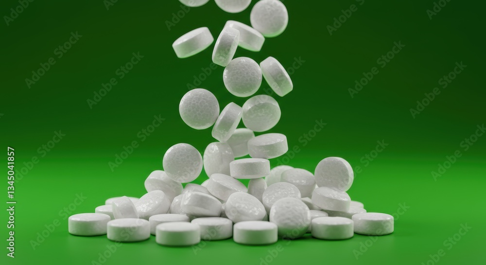 White tablets falling on green background - conceptual health and medicine image White tablets falling on green background - conceptual health and medicine image