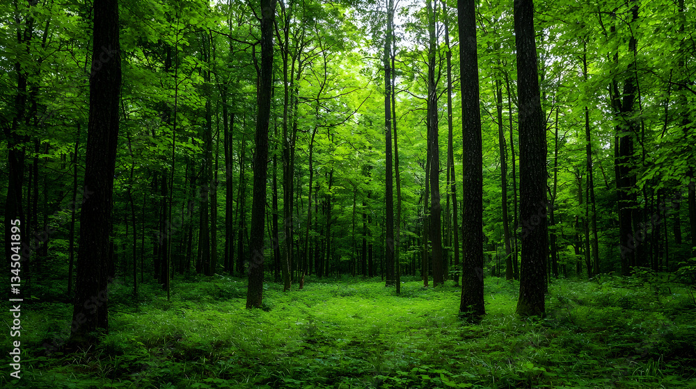 Lush Green Forest Interior With Sunlight Penetrating The Dense Canopy Creating A Scenic Woodland Landscape With Shadows Lush Green Forest Interior With Sunlight Penetrating The Dense Canopy Creating A Scenic Woodland Landscape With Shadows
