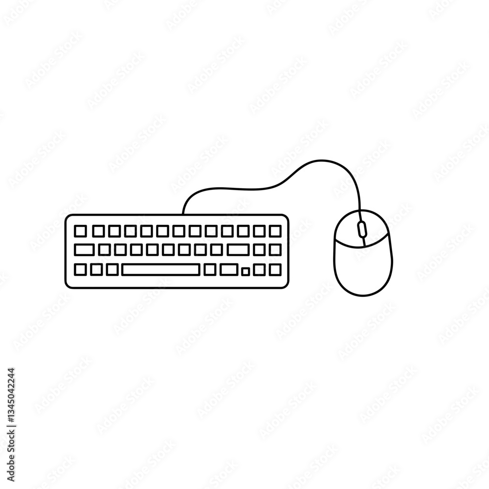 Obraz premium Computer Keyboard and Mouse Outline Vector - White Background, for Input Devices, Technology, and Office Work