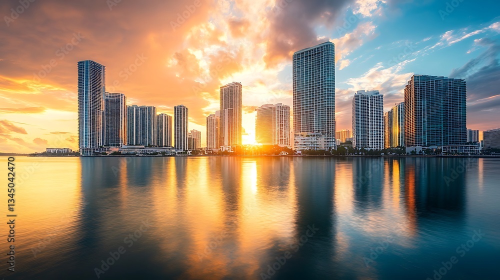 Fototapeta premium Miami Skyline Sunset: Golden Hour Reflection