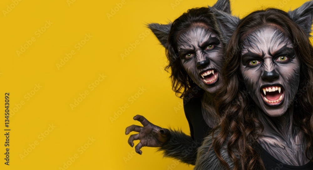 Fierce werewolves posing against yellow background in halloween costume Fierce werewolves posing against yellow background in halloween costume