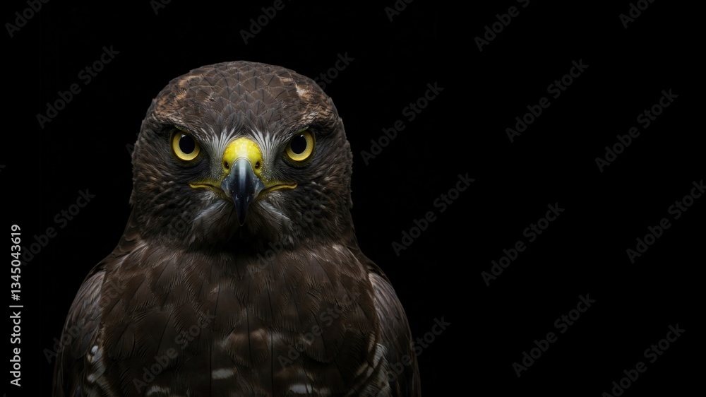 Obraz premium A close-up portrait of a dark bird of prey, possibly a hawk or eagle, against a black background.