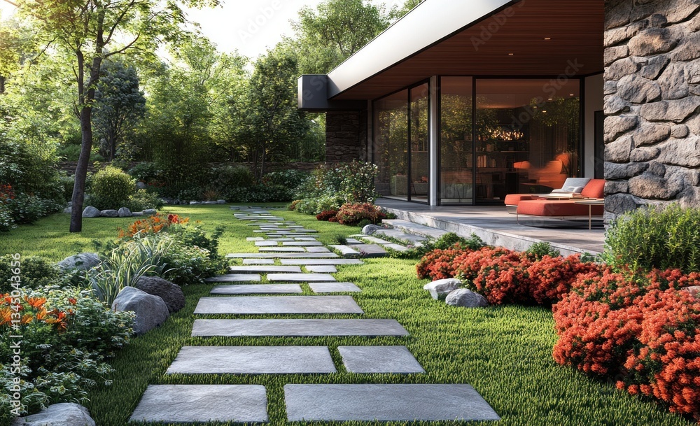 Obraz premium Modern home garden pathway, stone patio, sunlit backyard