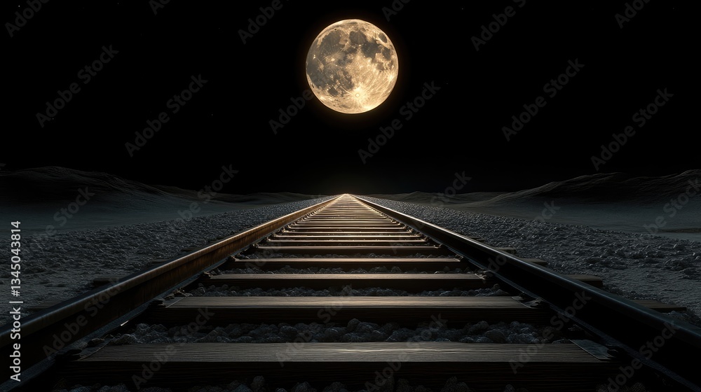 Moonlit Train Tracks Through Desert