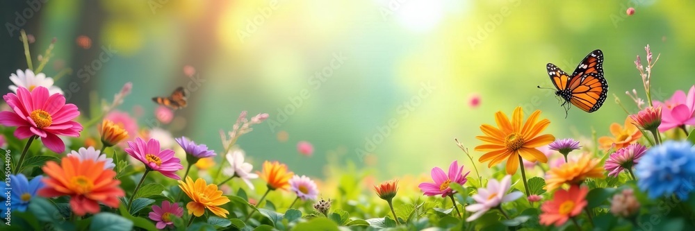 Obraz premium Colorful flowers and butterflies in a bright spring landscape, sunny day, cheerfulness, nature