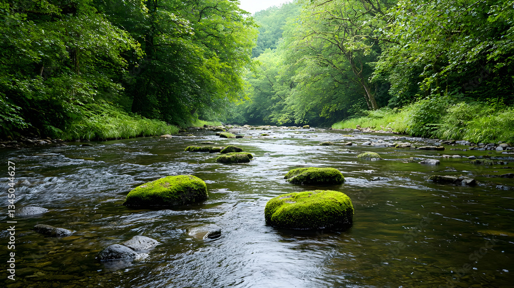 Obraz premium A Gentle Stream Flows Through A Lush Green Forest With Moss Covered Rocks Reflecting Sunlight Across The Water