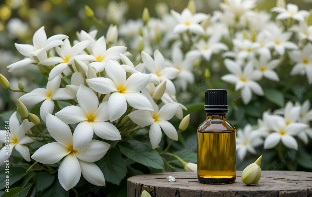 white flowers of jasmine Sambac with bottle of jasmine essence absolue. Ai generated