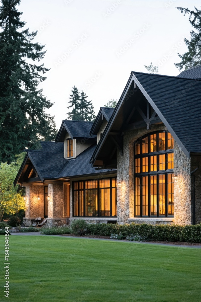 Charming modern house with large windows nestled among towering trees during early evening with warm lights glowing from inside Charming modern house with large windows nestled among towering trees during early evening with warm lights glowing from inside