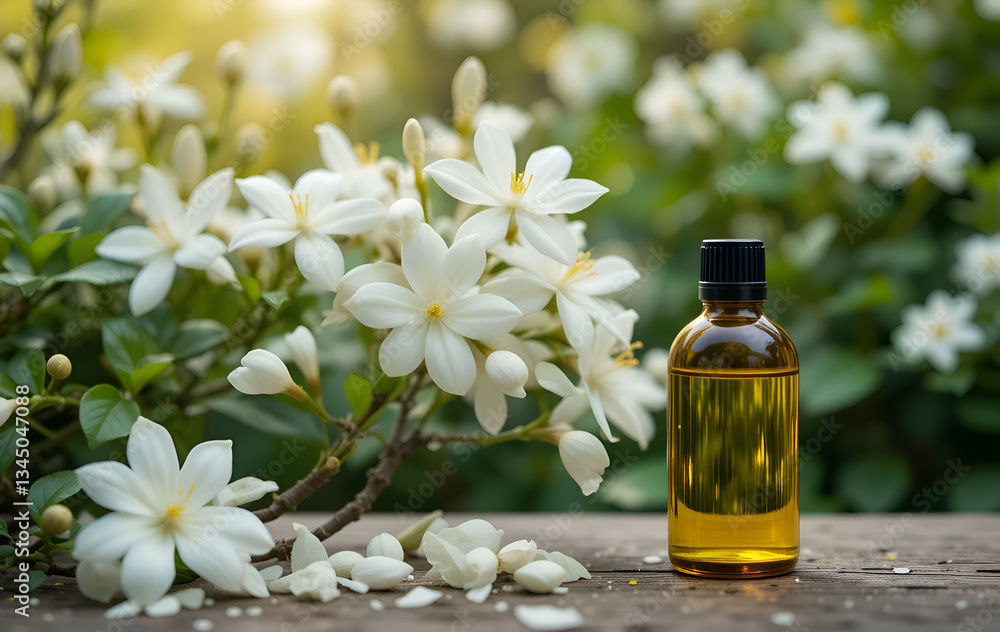 white flowers of jasmine with bottle of jasmine essence absolue. Ai generated white flowers of jasmine with bottle of jasmine essence absolue. Ai generated