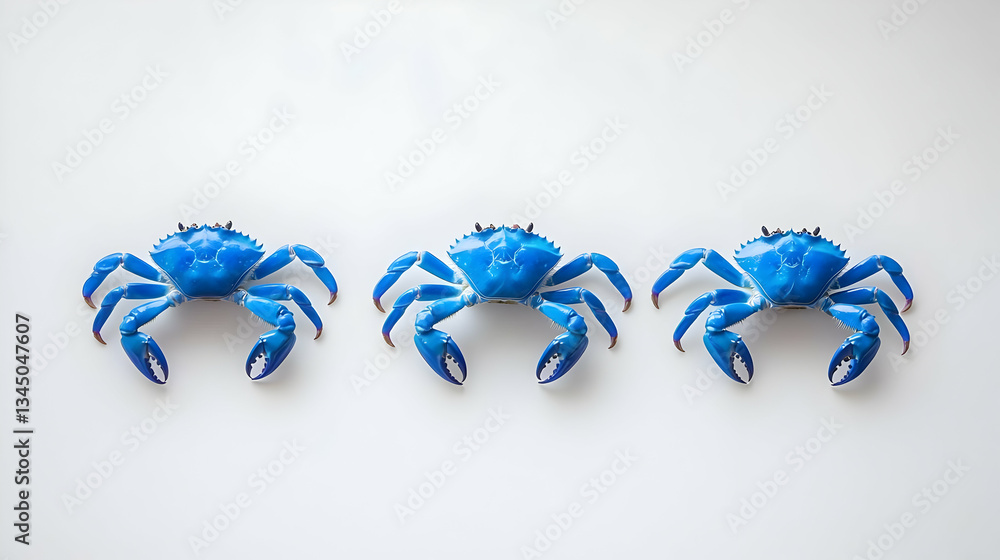 Fototapeta premium Three Blue Pixel Crabs On White Background