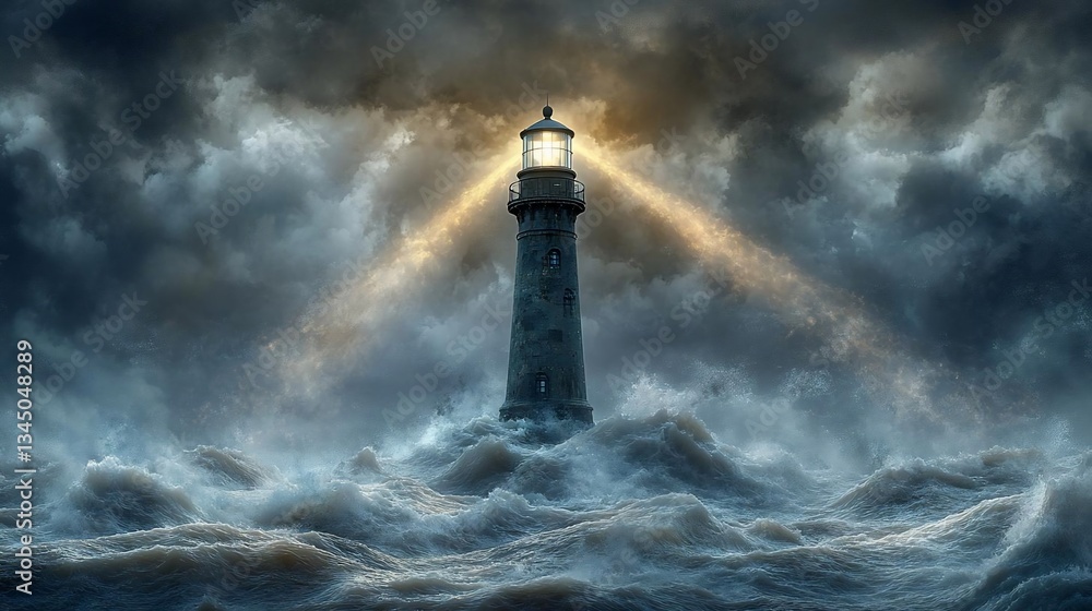 Lighthouse Beacon Cutting Through Stormy Sea at Night Lighthouse Beacon Cutting Through Stormy Sea at Night