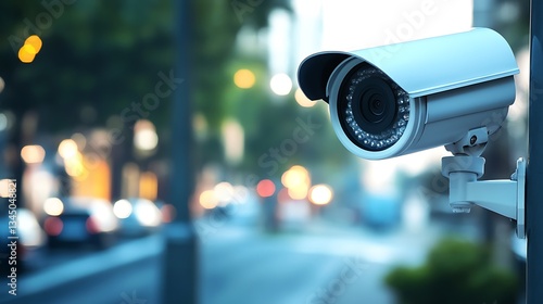 Urban Security: CCTV Camera on City Street at Dusk