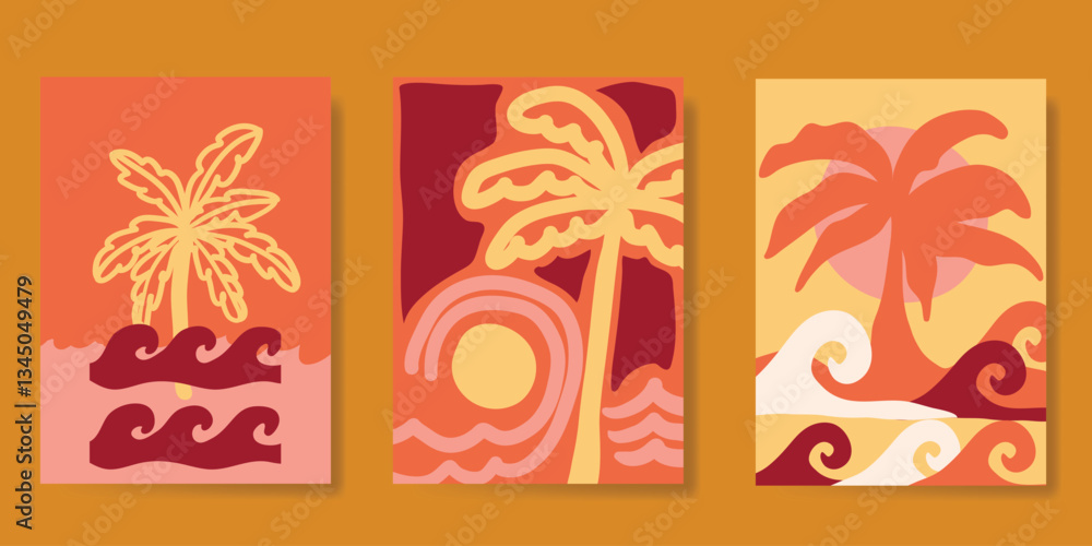 Abstract summer poster vector. Minimal hand drawn wallpaper design with coconut tree, sun, sea, mountain, beach. Ocean painting for summer season, wall decoration, interior, background. Abstract summer poster vector. Minimal hand drawn wallpaper design with coconut tree, sun, sea, mountain, beach. Ocean painting for summer season, wall decoration, interior, background.