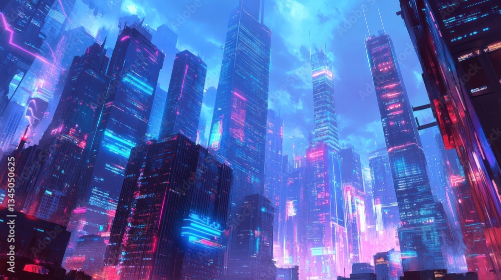 Futuristic city skyline with neon lights, low-angle view. Possible use Stock photo for design inspiration, video game background, advertising Futuristic city skyline with neon lights, low-angle view. Possible use Stock photo for design inspiration, video game background, advertising