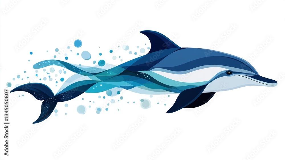 Fototapeta premium A dolphin gracefully glides through water, its sleek body adorned with shimmering bubbles on its back and tail elegantly emerging from the surface