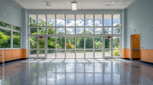 Modern Interior with Large Glass Windows and Doors Showing Green Outdoors and Reflective Granite Floor under Bright Lighting