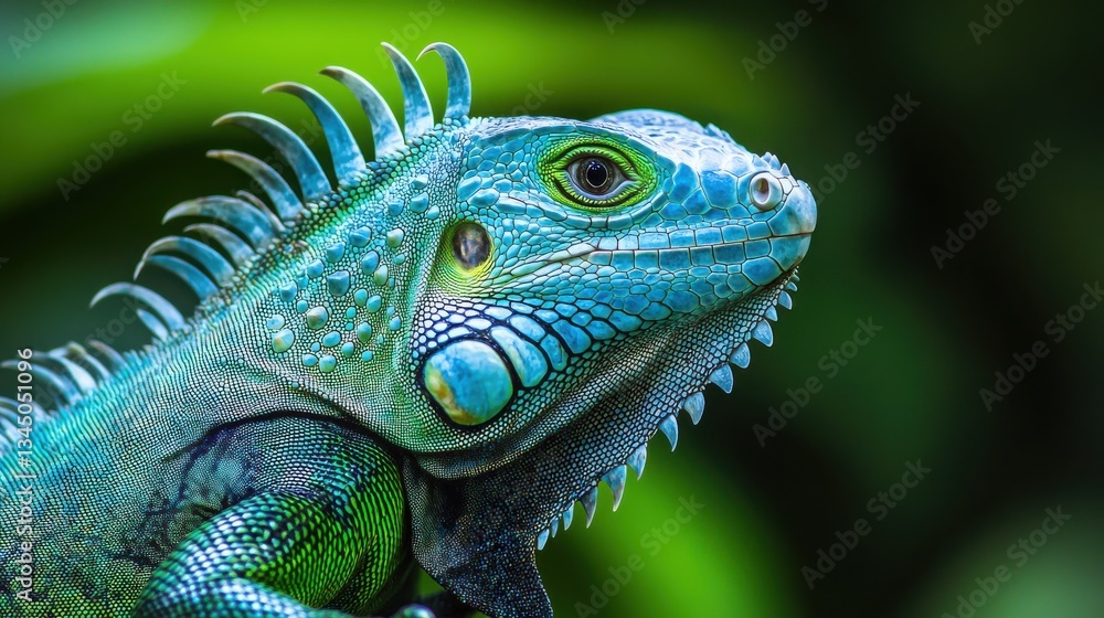 Obraz premium Close-up of a green and blue iguana with a detailed texture of scales and spines, set against a blurred green background