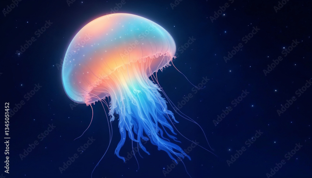 Naklejka premium A digital painting of a jellyfish in a dark, starry environment. The jellyfish has a translucent