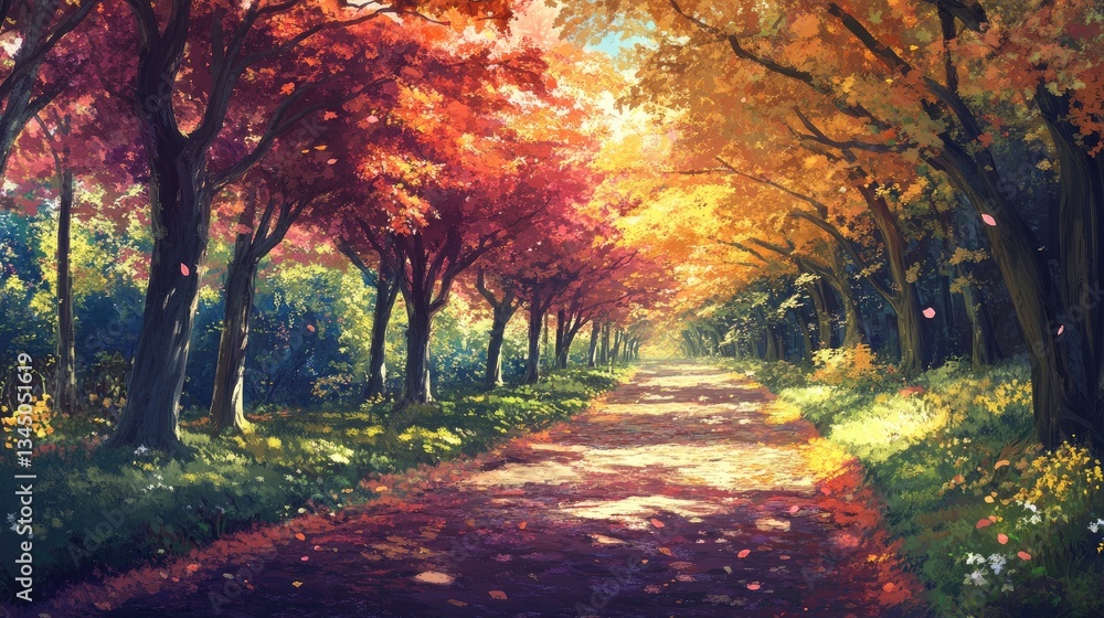 Serene Autumn Pathway Surrounded by Vibrant Red and Golden Leaves in a Peaceful Forest Setting Serene Autumn Pathway Surrounded by Vibrant Red and Golden Leaves in a Peaceful Forest Setting