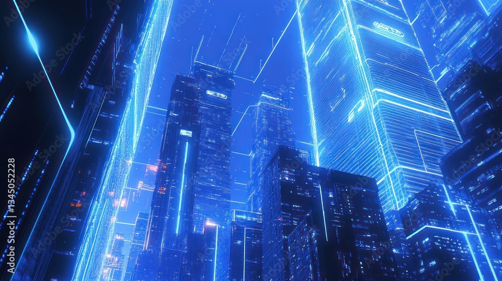 Futuristic city skyline at night with glowing lines. Use Stock photo for technology, future, cityscapes Futuristic city skyline at night with glowing lines. Use Stock photo for technology, future, cityscapes